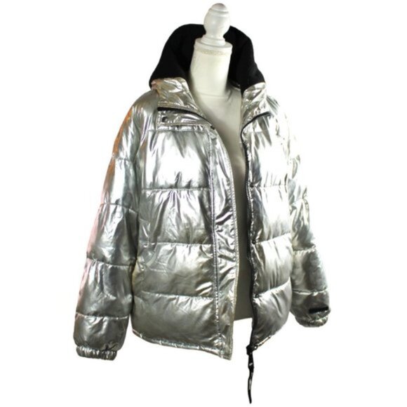 Juicy Couture Black Label Gloss Metalic Graphic Puffer Hooded Coat, Size Large - Picture 4 of 10